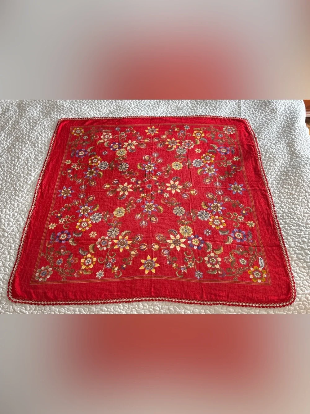 Altan Ipek Red Floral Square Scarf 39” Crochet Lace Trim Turkish Boho